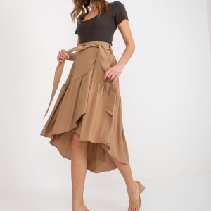 Wholesale Camel midi asymmetrical skirt with belt RUE PARIS