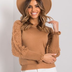 Wholesale Camel sweater with openwork sleeves Tendering RUE PARIS