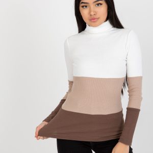 Wholesale Ecru-brown ribbed basic turtleneck blouse RUE PARIS