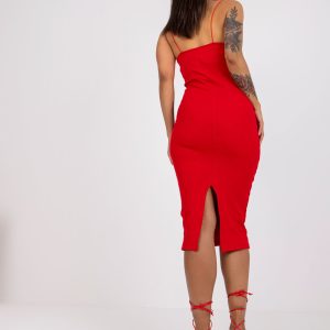 Wholesale Red Ribbed Cotton Midi Dress Emi RUE PARIS