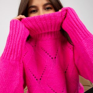 Wholesale Fluo pink loose turtleneck sweater in openwork pattern RUE PARIS