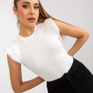 Wholesale Ecru ribbed blouse with openwork sleeves RUE PARIS