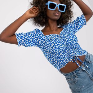 Wholesale Blue viscose short blouse with print RUE PARIS