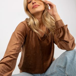 Wholesale Brown Plain V-Neck Velour Blouse RUE PARIS