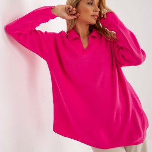 Wholesale Fluo pink long oversize sweater with collar RUE PARIS