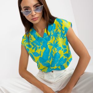 Wholesale Blue and yellow blouse with print and V-neck RUE PARIS