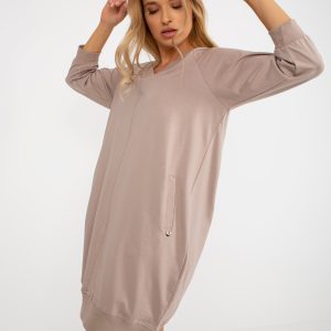 Wholesale Dark beige sweatshirt basic dress with V neck Salerno