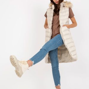 Wholesale Light beige long down vest with hood RUE PARIS